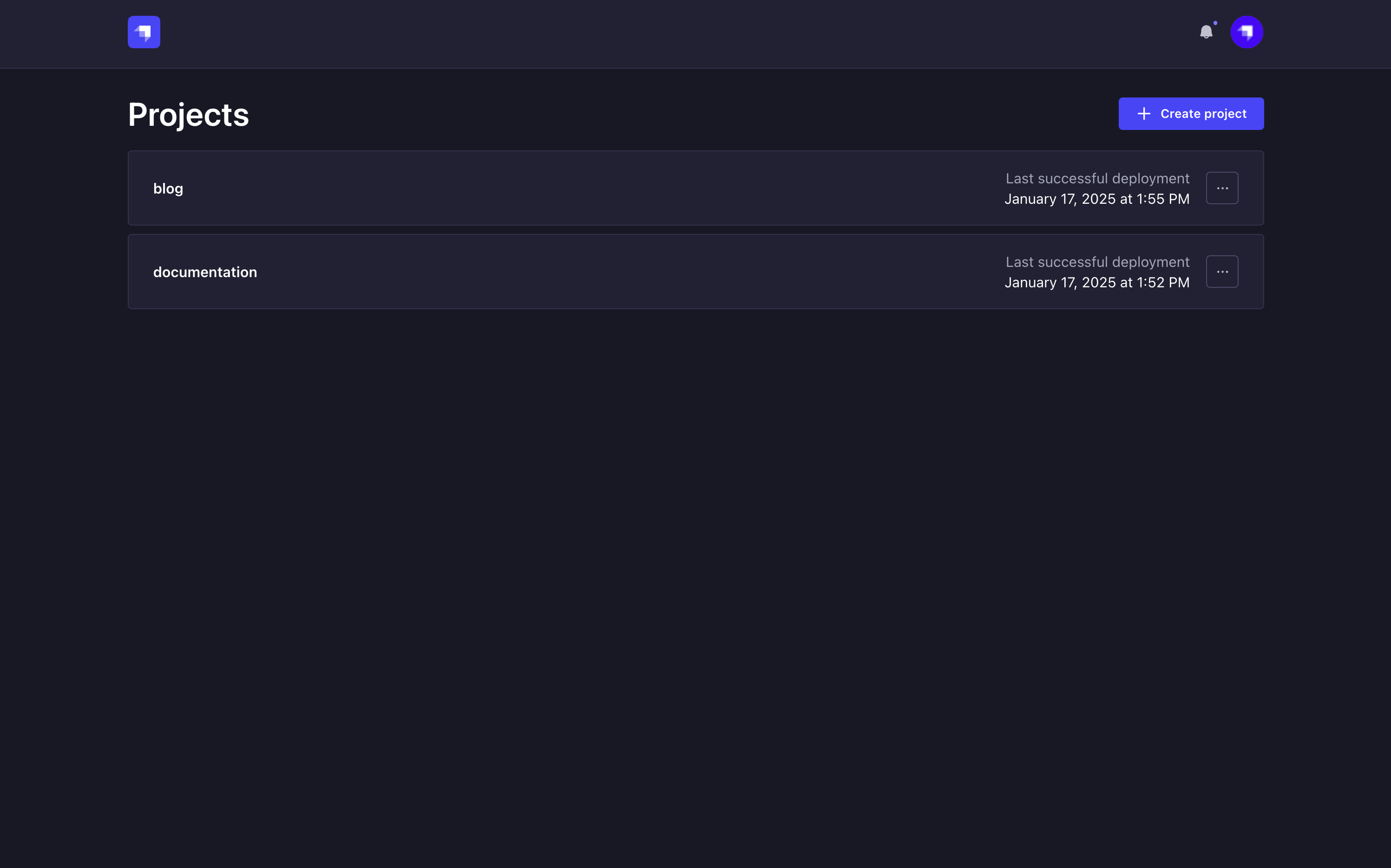 Projects page - List